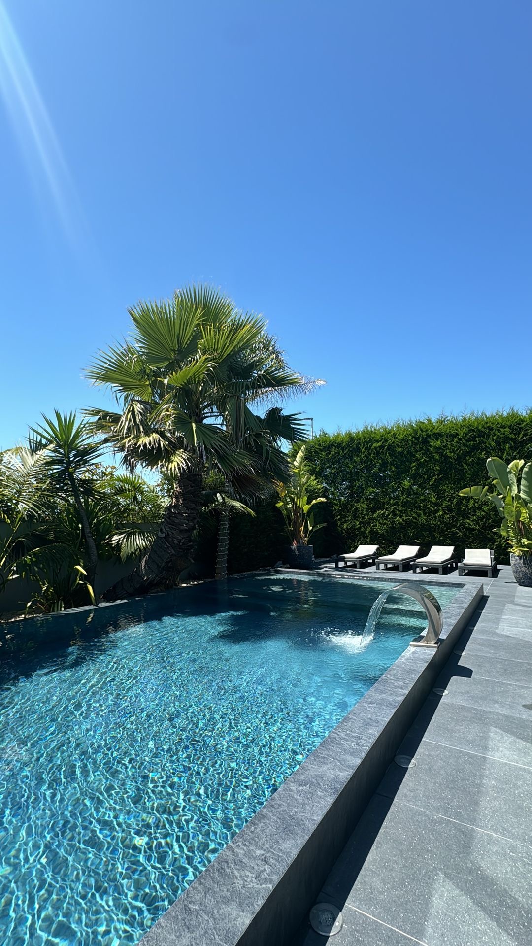 Gepflegter Pool mit Palmen und Wasserfall